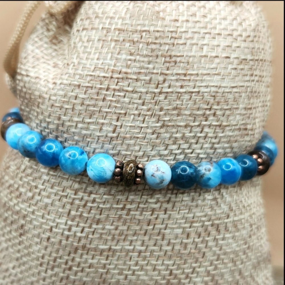 Neon Blue Apatite, Bronzite, and Copper Beaded Bracelet - Picture 3 of 3